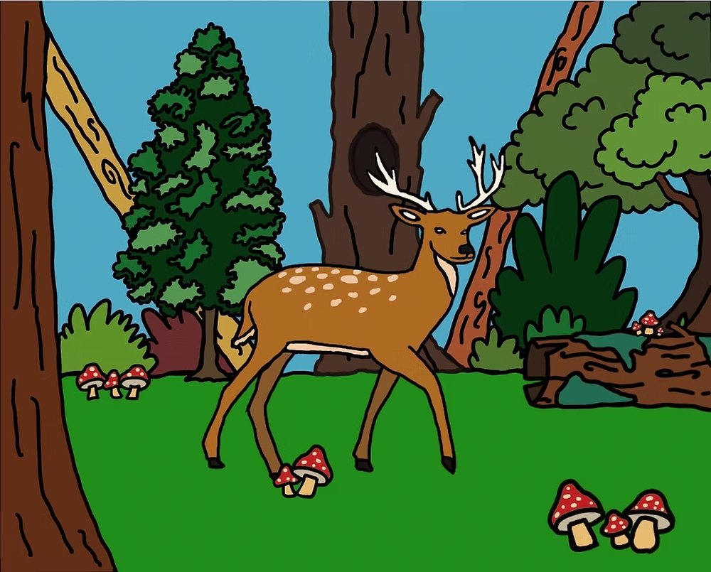 A spotted deer standing in a green forest clearing with mushrooms and tall trees