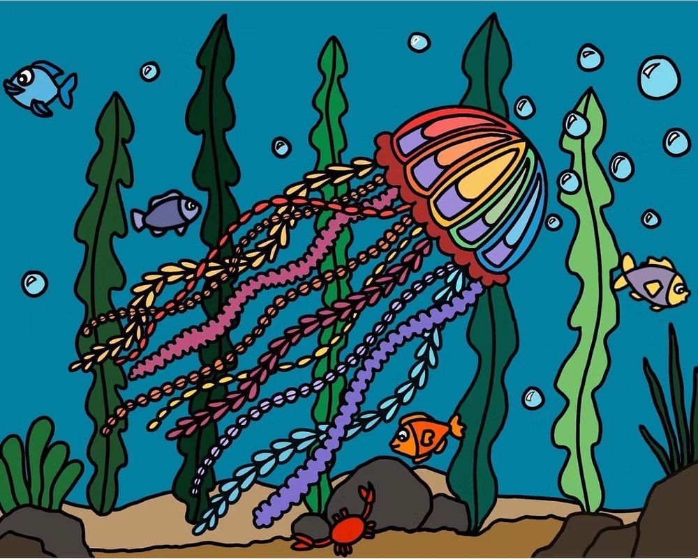 A glowing rainbow jellyfish drifting through kelp, fish, and bubbles on the ocean floor