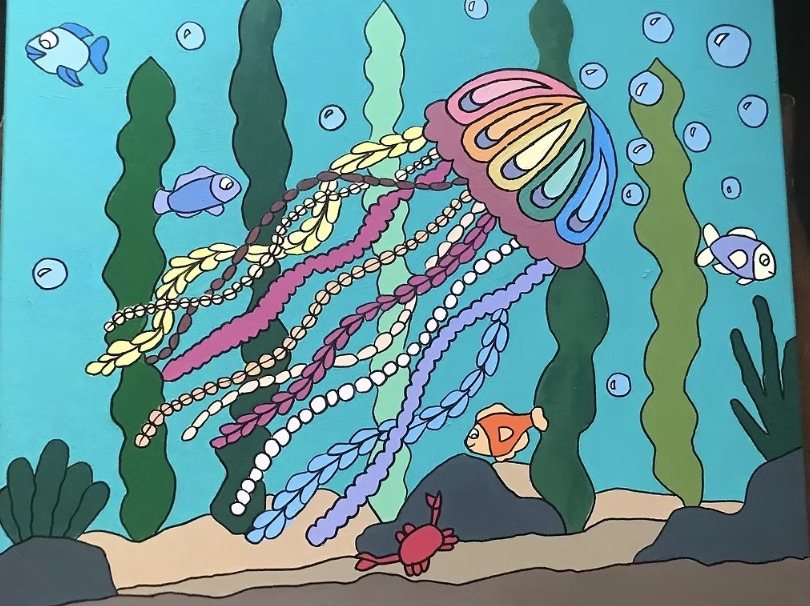The finished painting "Light in the Dark": a rainbow jellyfish among kelp, fish, and bubbles